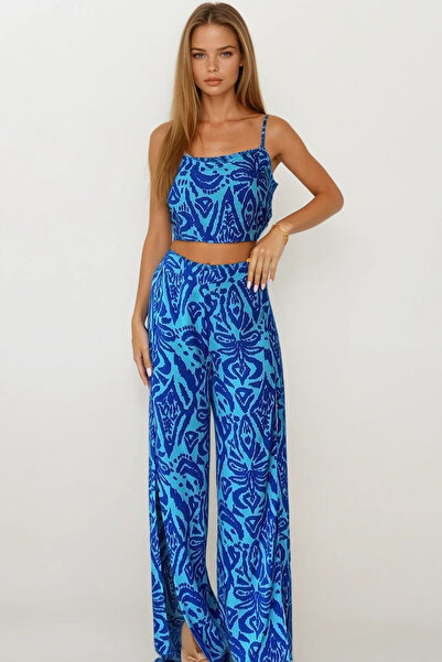 VAGGON Women's Blue Strap Blouse and Elastic Waist Slit Detailed Palazzo Trousers Set Vs00162