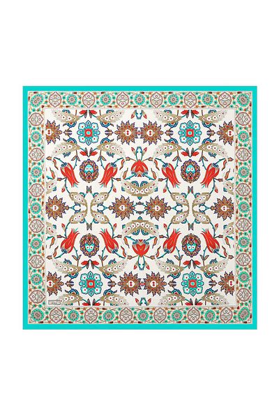 Bursa İpek Water Green Cream Ephesus Pattern Silk Scarf