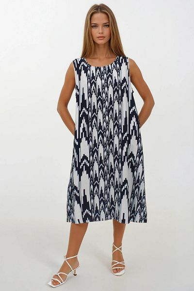 VAGGON Women's Black-White Patterned Double Pocket Sleeveless Relaxed Fit Dress Vs00269