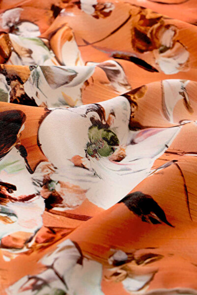 Bursa İpek Anemone Patterned Orange Silk Handkerchief