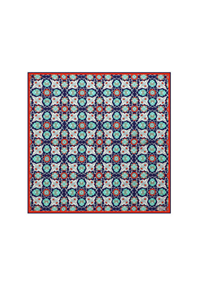 Bursa İpek Navy Blue and Red Tile Spiral Silk Handkerchief Patterned
