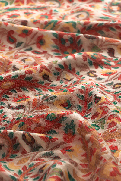 Bursa İpek Jacquard Patterned Red Wool Shawl