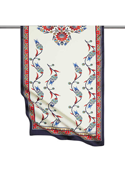 Bursa İpek Red Navy Blue Row Tulip Pattern Wide Silky Scarf