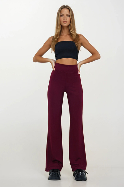 VAGGON Women's Burgundy Wide Belted Modal Fabric Spanish Leggings Trousers Prmx13445
