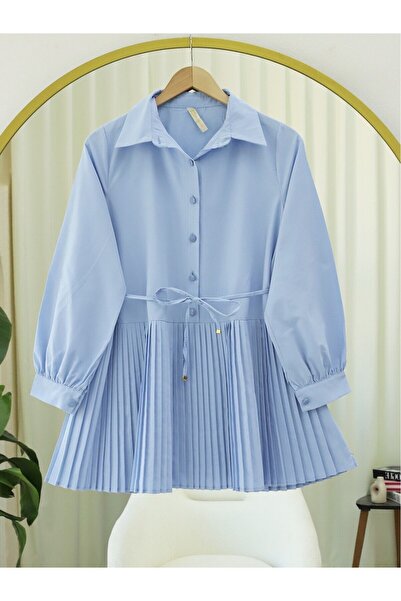 Dorcha Yarım Düğmeli Beli Bağlamalı Piliseli Gömlek -Bebe Mavi