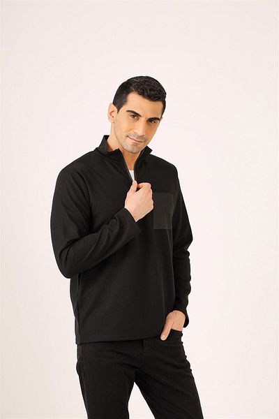Dufy Black Men's Regular Fit Printed Zippered Stand Collar Sweat-Shirt - 91854