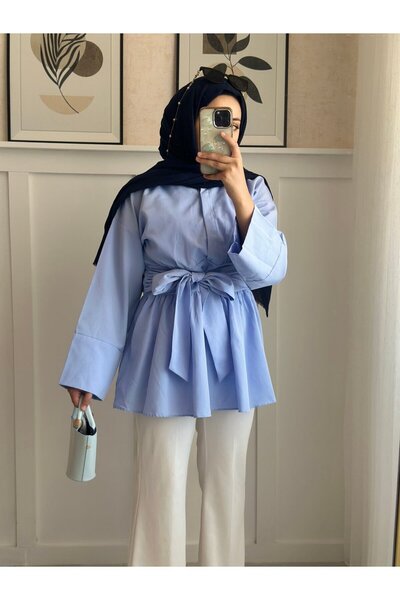 Dorcha Yarım Düğmeli Beli Bağlamalı Yanı Fermuarlı Tunik -Bebe Mavi