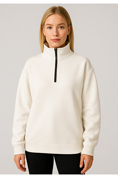 Arz giyim Oversize White Half Zip Sweatshirt – Women's High-Rise 70% Cotton Comfortable Fit