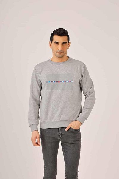 Dufy Gray Melange Men's Regular Fit Printed Cotton Crew Neck Sweat-Shirt - 90935