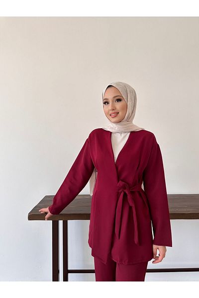 New Lune Women's Clothing Burgundy Color Side Tie Hijab Double Set Bottom Top Set