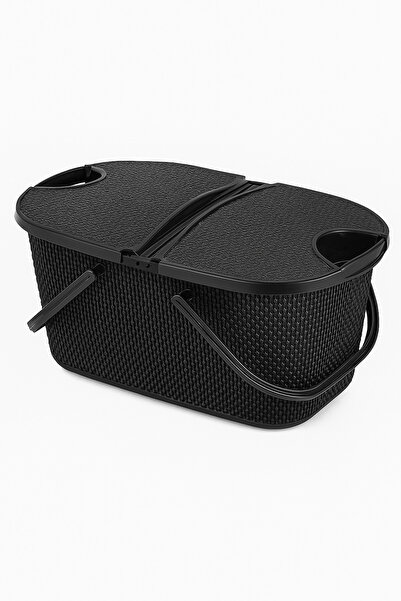 İ&A HOME Siyah Kapaklı Rattan Desenli Plastik Piknik Sepeti – Taşınabilir ve Çok Amaçlı