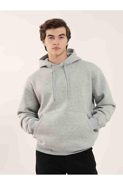 Dufy Gray Melange Men's Oversize Plain Cotton Hooded Sweat-Shirt - 103742