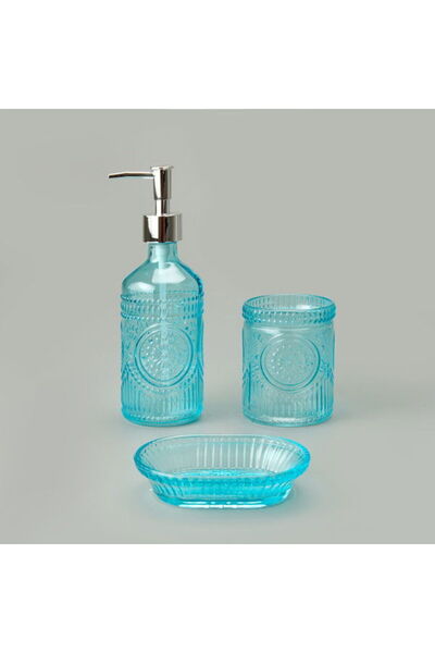 Evidea Set dozator de săpun lichid pentru baie din sticlă din 3 piese - albastru