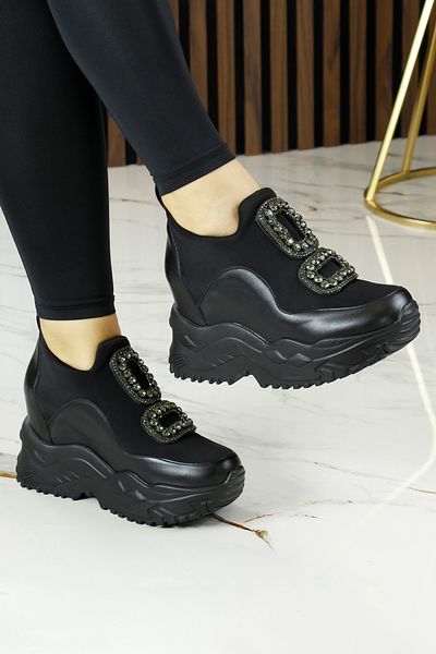 Erkan Saçmacı Almendra Black Stretch Stone Hidden Wedge Heeled Casual Shoes