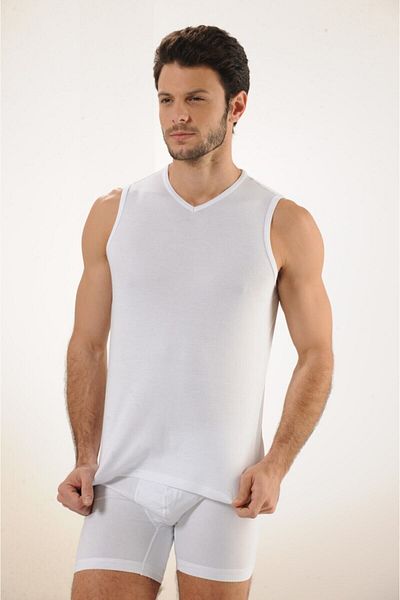 Hmd 513 3-Piece Ribbed 100% Cotton Zero Sleeve V-Neck Men's Undershirt - White