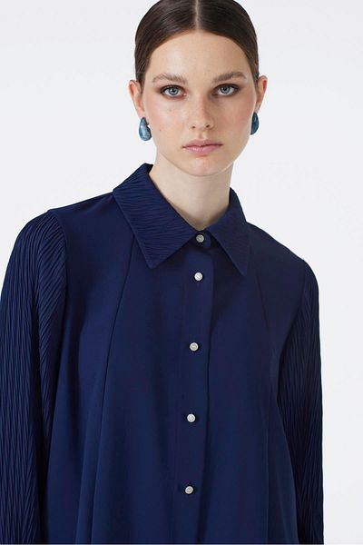 Zühre Buttoned Navy Blue Tunic with Sleeve Detail T-1588