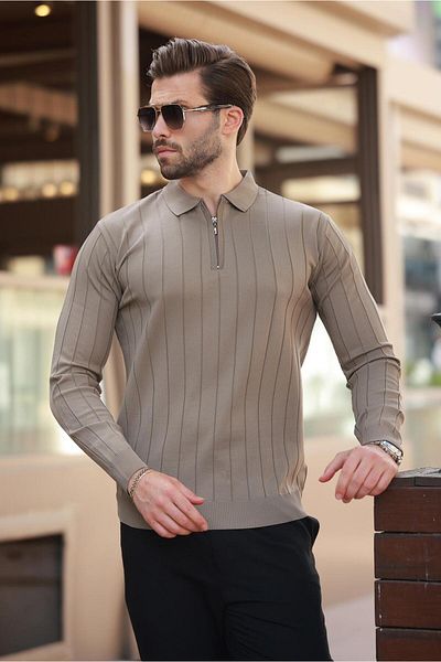 Madmext Light Brown Polo Neck Zippered Knitted Sweater 7242