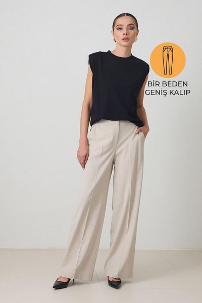 Setre Beige Waist Detailed Pocketed Relaxed Fit Wide Fit Trousers