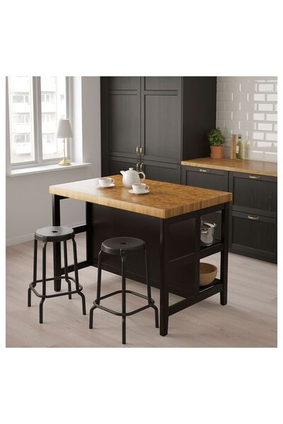 IKEA mutfak adası, siyah-meşe, 126x79x90 cm İlave çalışma ve yerleştirme alanı sağlar.