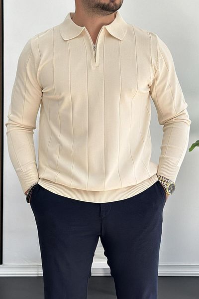 Edwox Men's Half Zip Polo Neck Seasonal Sweater Cream Edw401