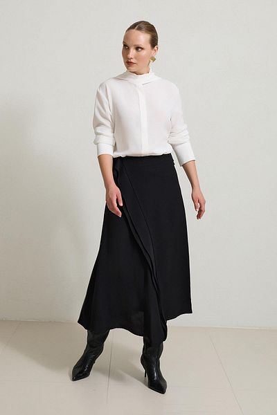 Setre Black Asymmetrical Cut Midi Skirt