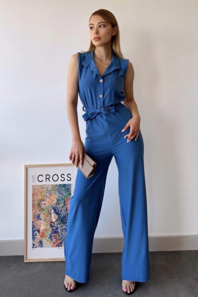 NEW LAVİVA Women's Indigo Sleeveless, Stand Collar, Solid Pattern, Single Poc...
