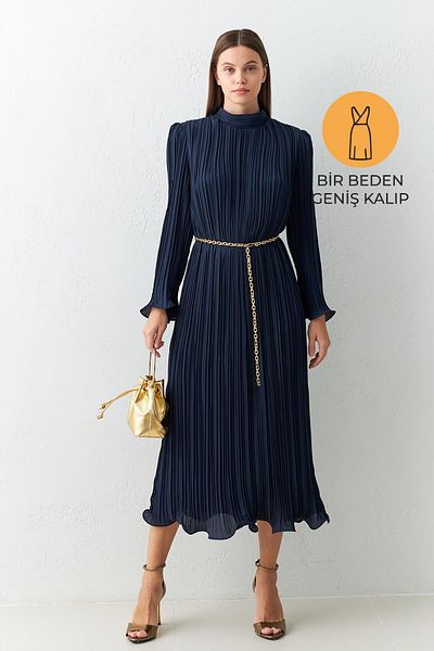 Setre Dark Navy Blue Turtleneck Midi Length Wide Fit Dress with Waist Belt Detail