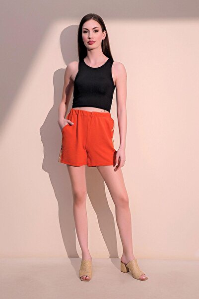 NEW LAVİVA Women's Orange Modern Style Straw Detail Quality Fabric Elastic Waist Airobin Shorts
