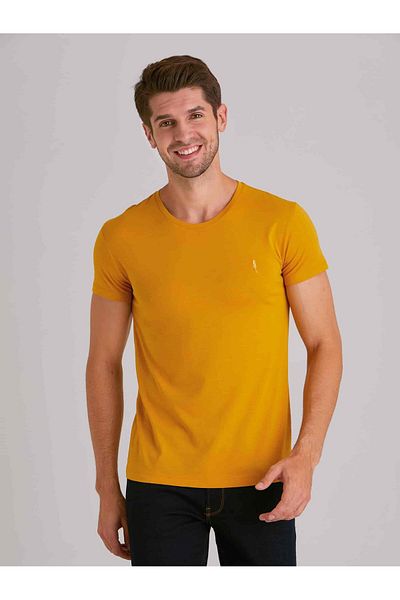 Dufy Mustard Men's Slim Fit Plain O Neck T-Shirt - 36355