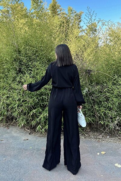 NEW LAVİVA Women's Black Long Sleeve, Shirt Collar, Elastic Waist, 4 Pockets, Elastic Ankles, Loose Overalls