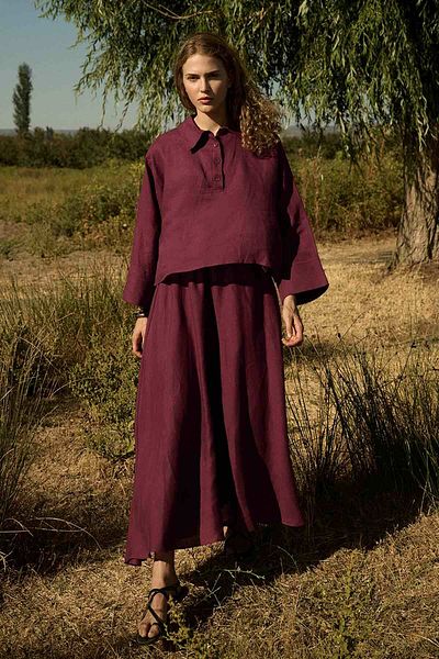 Hooopstore 100% Linen Elastic Waist Burgundy Skirt