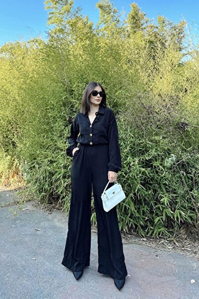 NEW LAVİVA Women's Black Long Sleeve, Shirt Collar, Elastic Waist, 4 Pockets, Elastic Ankles, Loose Overalls