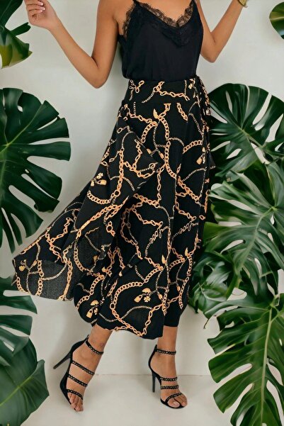 NEW LAVİVA Women's Black Casual Chain Patterned Regular Cut Midi Length Skirt