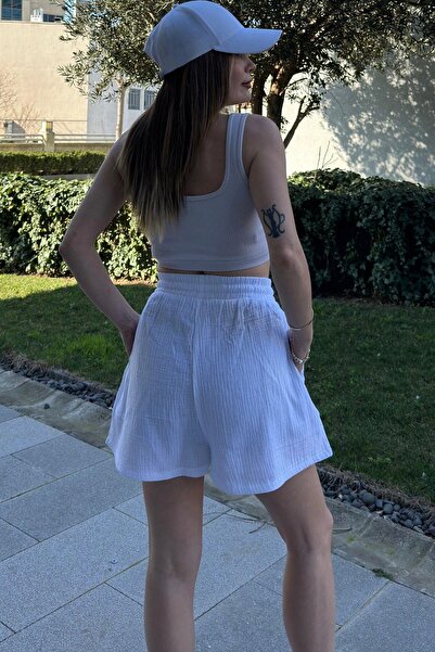 NEW LAVİVA White Pocketed and Laced Elastic Waist Casual Muslin Women's Shorts