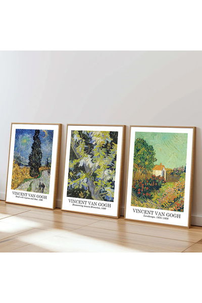 Dekorsiahome Ahşap Çerçeveli Dekoratif 3lüTablo Seti Van Gogh Tabloları Blossom