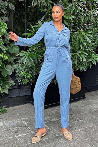 NEW LAVİVA Γυναικείο μακρυμάνικο πουκάμισο Indigo με γιακά τσέπη ζώνη Airobin Safari Jumpsuit