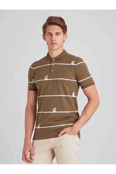 Dufy Khaki Men's Slim Fit Safari Patterned Crew Neck T-Shirt - 57634