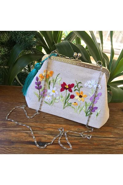 Home Cream Linen Hand Embroidered Wild Flower Embroidered Vintage Style Bag. Hand Embroidery 100% Handmade 25X15 Size