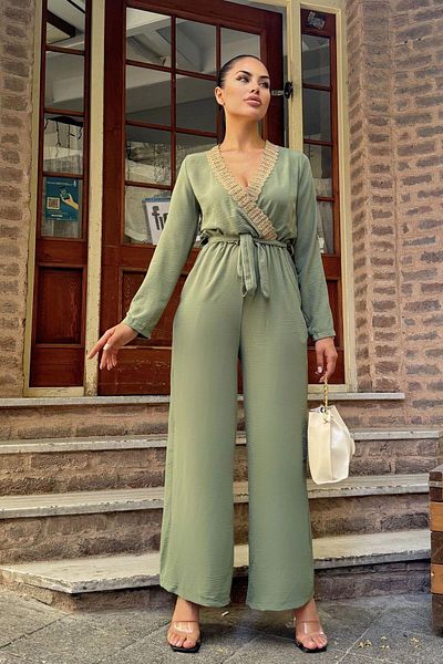 NEW LAVİVA Women's Khaki Straw Double-breasted Collar Detailed Belted Pocket Airobin Jumpsuit with Elastic Waist Jumpsuit
