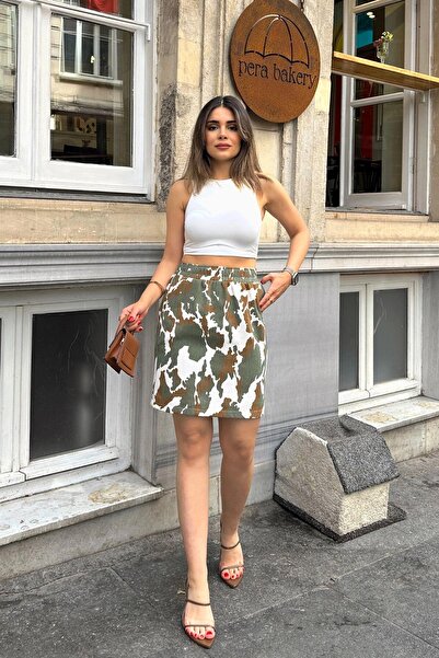 NEW LAVİVA Khaki Ecru Women's Mini Gabardine Skirt - Comfortable Design with Elastic Waist