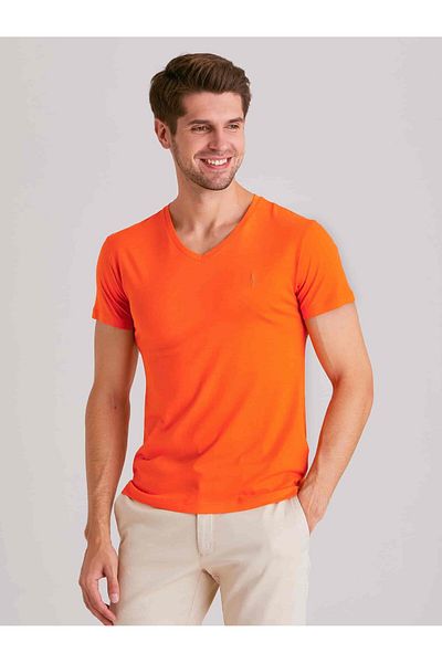 Dufy Orange Men's Slim Fit Plain V-Neck T-Shirt - 49291