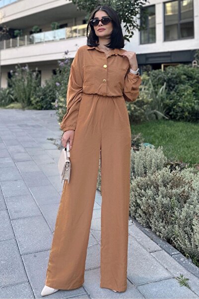 NEW LAVİVA Women's Tan Long Sleeve, Shirt Collar, Elastic Waist, 4 Pockets, Elastic Ankles, Loose Overalls
