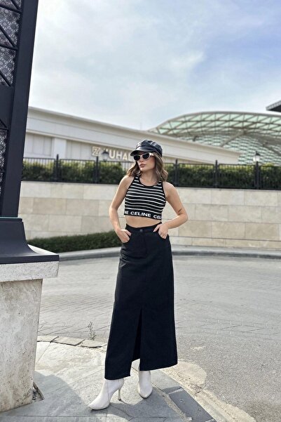 NEW LAVİVA Women's Black Half Slit Front, High Waist, Pocket Long Gabardine Skirt