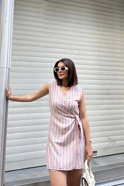 NEW LAVİVA Mavi & Kırmızı, Kolsuz, Keten, Kruvaze, Belden Bağlamalı, Elbise Görünümlü Şort Etekli Kısa Tulum