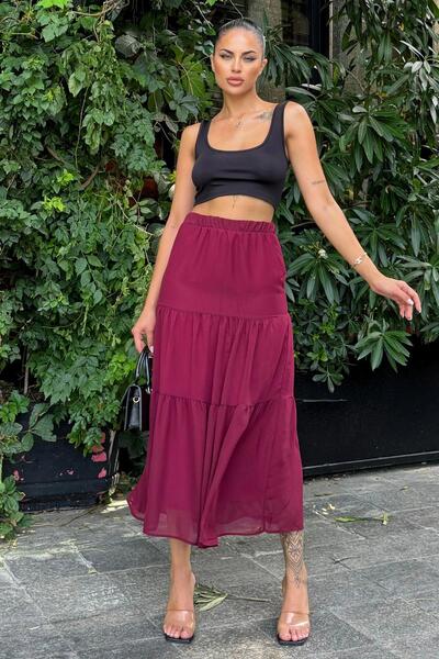 NEW LAVİVA Claret Red Long Chiffon Skirt - Layered Fabric, Comfortable Fit, Elastic Waist