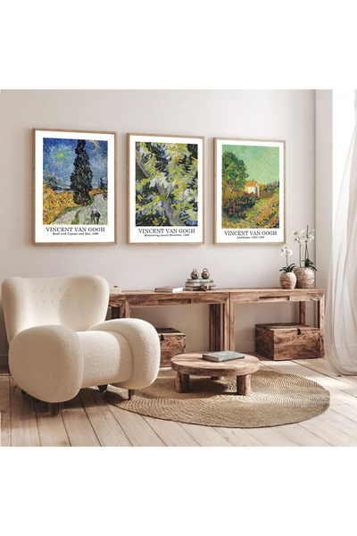 Dekorsiahome Ahşap Çerçeveli Dekoratif 3lüTablo Seti Van Gogh Tabloları Blossom