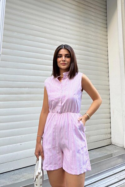 NEW LAVİVA Κοντή ριγέ φόρμα λιλά αμάνικη, γιακά με κουμπιά, ελαστική μέση, τσέπες, σορτς μοντέλο