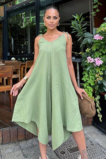 NEW LAVİVA Kadın Haki İthal Müslin Kumaş, İp Askılı, Asimetrik Kesim, Terletmez, Salaş Tulum
