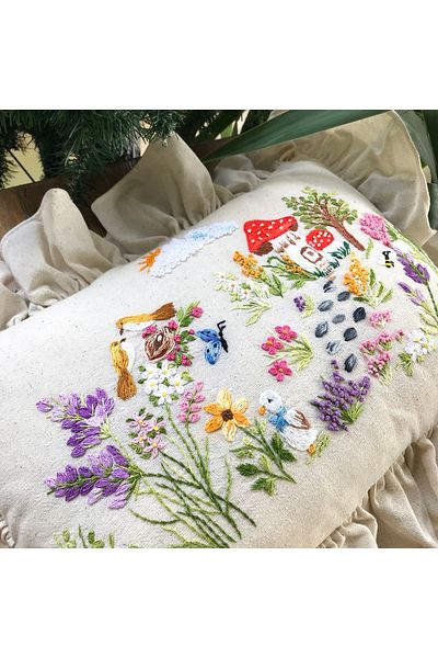 Home Fairy Tale Themed Baby Pillow. Wildflower Embroidered Hand Embroidered Linen Fabric with Inner Filling 60X45 Size