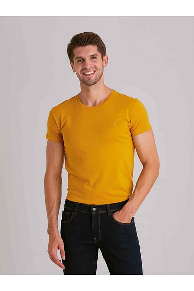 Dufy Mustard Men's Slim Fit Plain O Neck T-Shirt - 36355